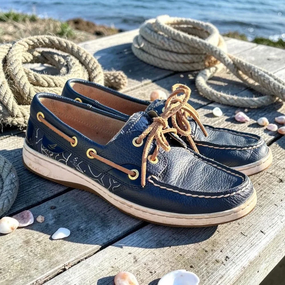 Nautical Preppy Boat Shoes Sperry Top-Sider 6M Navy Blue Leather Fabric‎ Upper